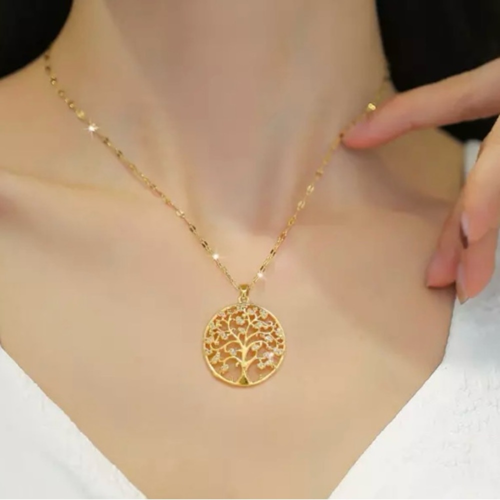 Gold Cubic Zircon Tree Of Life Pendant Necklace